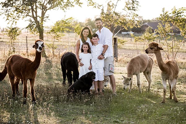 Familie mit Alpakas auf der Weide